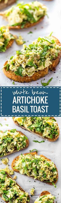 white bread with artichoke basil toast on it