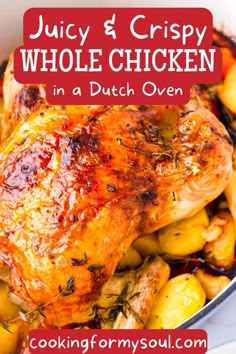 juicy and crispy whole chicken in a dutch oven is the perfect way to cook