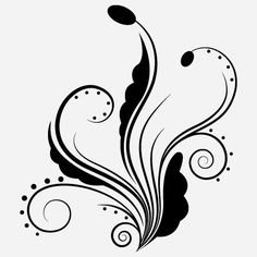 an artistic black and white design with swirls on the side, in front of a white background