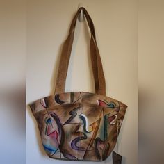 Nwt Vintage (1980s) Sam Sam Hand-Painted Abstract Design Large Leather Shoulder Bag. Bag Measures Approx 18"X12"X4", Bottom Of Bag Measures 10"X4". The Front Of The Bag Has A 7" Long Horizontal Zip Pocket That Goes The Full Length Of The Bag. Bag Has A Top Zip Closure, The Large, Fabric-Lined Interior Has A 7" Long Zip Pocket. The Handle Drop Is Approx 14" On A 1.5" Double Handle. Note: This Item May Have Variations In Color, Brush Strokes, Design, Etc, Due To The Hand-Painted Nature Of The Artw Artistic Hand Painted Leather Shoulder Bag, Artistic Hand Painted Brown Bag, Artistic Brown Hand Painted Bag, Artsy Hand Painted Shoulder Bag For Daily Use, Artistic Brown Shoulder Bag For Daily Use, Artsy Hand Painted Shoulder Bag For Everyday, Hand Painted Multicolor Shoulder Bag For Everyday Use, Multicolor Hand Painted Shoulder Bag For Daily Use, Artistic Multicolor Leather Shoulder Bag