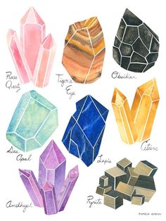 the different shapes and sizes of crystals in watercolor on white paper with black ink