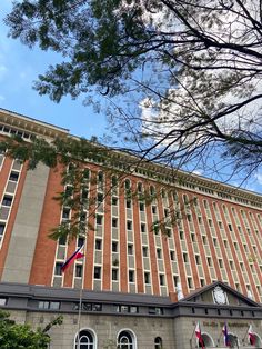 the building has many windows and flags on it