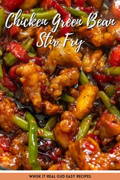 chicken and green bean stir fry with text overlay