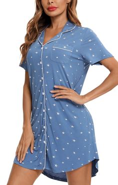 PRICES MAY VARY. Material —— Short Sleeve Button Nightgown is made of 95% Viscose and 5% Spandex, the fabric is ultra soft, breathable, skin-friendly and high elastic, comfortable short nightshirt for women. Boyfriend Style Sleepwear —— Long / Short sleeves, notch collar, v neck, button front, contrast piping, mid-thigh length, curved high-low hem add more fashion sense.postpartum essentials/Breastfeeding shirts for women/Nursing Pajamas Above the Knee length sleepdress is cool. Button up nights Button Down Pajamas, Boyfriend Sleeping, Bride Pajama, Breastfeeding Shirt, Nursing Nightgown, Nursing Pajamas, Womens Pajamas, Pajama Dress, Nightgowns For Women