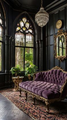 an ornately decorated living room with purple couches