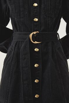 Maya Denim Midi Dress | Black | Aje – Aje ROW Chic Belted Knee-length Denim Dress, Chic Knee-length Belted Denim Dress, Chic Belted Denim Dress For Work, Chic Belted Button-up Denim Dress, Knee-length Belted Denim Dress For Work, Belted Midi Denim Dress For Work, Elegant Belted Denim Dress, Dress Shirt Collar, Jumper Denim