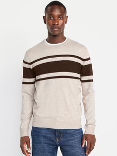 crew neck long sleeves chest stripe rib-knit trim pullover style relaxed fit hits at hip model is approx.  6'1" and wears size mmachine wash according to the care instruction label  . Best Holiday gift for Men , perfect Sweaters for Christmas! Striped Cotton Crew Neck Sweater, Striped Sweater With Ribbed Crew Neck, Striped Crew Neck Sweater With Ribbed Cuffs, Striped Crew Neck Sweatshirt With Ribbed Collar, Classic Striped Crew Neck Sweater, Striped Crew Neck Sweater With Ribbed Collar, Striped Sweater With Ribbed Collar And Crew Neck, Mens Striped Sweater, Old Navy Men