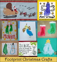 four different christmas cards with pictures of children's handprints on them and the words footprint christmas crafts