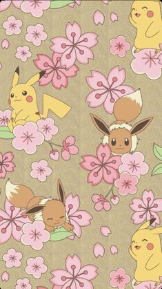 the pokemon characters are all over the surface with pink flowers and green leaves on them