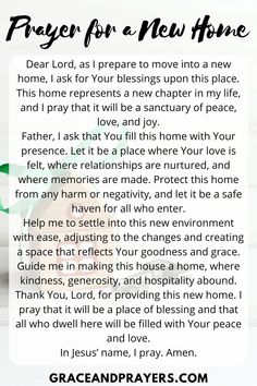 a prayer for a new home with the words prayer for a new home on it