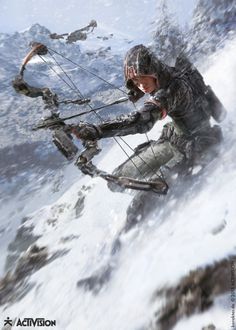 an image of a man in the snow with a bow and arrow on his shoulder