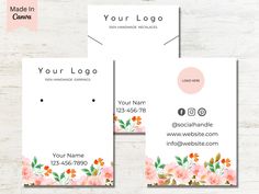 two business cards with flowers on them, one is white and the other is pink