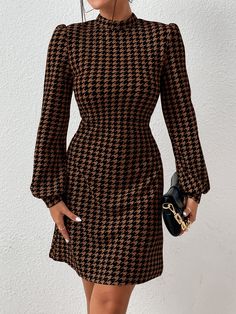 Houndstooth Print Mock Neck Lantern Sleeve Dress Multicolor Elegant  Long Sleeve Fabric Houndstooth Fitted High Stretch  Women Clothing, size features are:Bust: ,Length: ,Sleeve Length: Lantern Sleeve Dress, Mock Neck Dress, Slim Fit Dresses, Dress For Short Women, Lantern Sleeve, Mode Inspiration, Lantern Sleeves, Printed Mini Dress, Long Sleeve Mini Dress