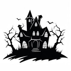 a black and white silhouette of a house with bats flying around the windows on halloween night