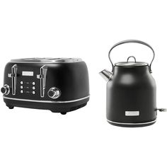 two black toasters and an electric kettle on a white background, one is empty