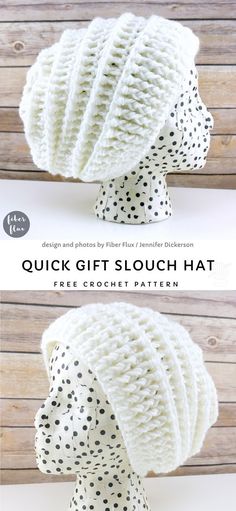 a white knitted hat with black dots on it and the words, quick gift slouch hat free crochet pattern