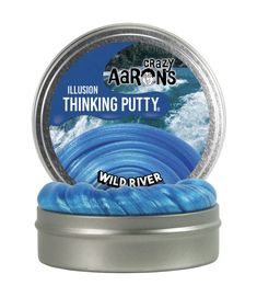 an image of a blue thing that is in a tin with the words crazy aaron's thinking putty on it