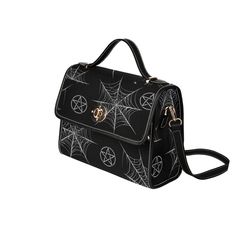 "This secure and adjustable goth crossbody bag is crafted from quality, waterproof canvas, and faux leather straps, making it perfect for everyday use. The compact design allows you to store all of your essentials, while the on-trend goth style makes a fashion statement. With its magnetic snap closure and roomy interior, this bag is more than just an accessory; it's also an ideal storage solution for iPads or college supplies. Now you can stay organized and stylish at the same time! 💜 Made from Black Gothic Bag With Large Capacity, Gothic Black Bags With Large Capacity, Gothic Large Capacity Black Bag, Gothic Bags With Adjustable Strap For Halloween, Trendy Halloween Shoulder Bag For Daily Use, Trendy Halloween Shoulder Bag For School, Black Gothic Bag For School, Gothic Black Crossbody Bag, Black Gothic Crossbody Bag