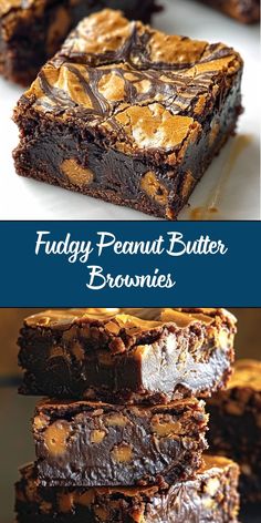 chocolate fudge peanut butter brownies stacked on top of each other with text overlay