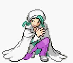 an old pixel art drawing of a woman in purple pants and white shirt with green hair