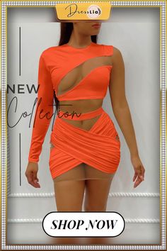 Mesh Patchwork One Shoulder Crop Top Mini Skirt Set Stretch Orange Skirt For Party, Trendy Orange Party Skirt, Crop Top Mini Skirt, One Shoulder Crop Top, Mini Skirt Set, Round Neck Dresses, Bodycon Fashion, Color Pick, Shoulder Crop Top