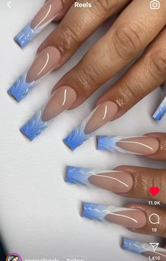 Fall Blue Nails 2024, Blue And White Ombre Nails Acrylic, Dusty Blue Nail Ideas, Snow Nails Acrylic, White And Blue Winter Nails, Blue And Silver Christmas Nails, Blue Fall Nails Designs, Baby Blue And White Nails, Baby Blue Winter Nails