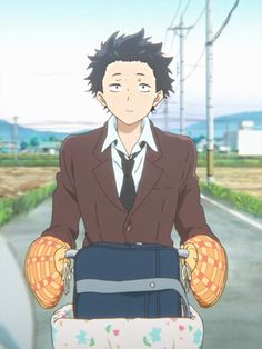 an anime character with his hands on the handlebars and holding something in one hand