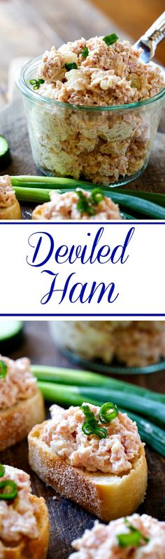 several small sandwiches with toppings on them and the words deviled ham written in blue