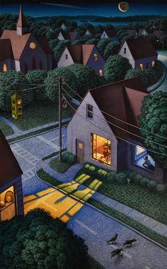 a painting of a small town at night