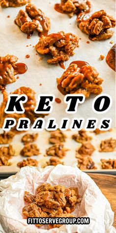 the words keto pralines are in front of an image of some cookies