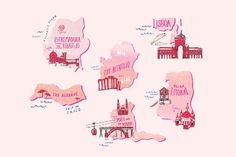 an illustrated map of the city and its landmarks in pink on a light pink background