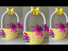 three pictures of baskets with bows on them