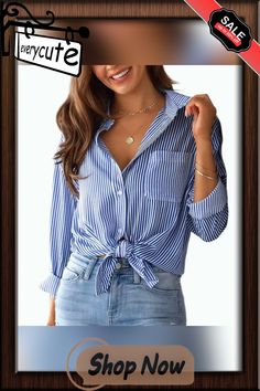 Blue Striped Print Long Sleeve Pocket Shirt Chic Blue Collared Shirt, Blue Summer Office Shirt, Trendy Blue Tops For Office, Trendy Blue Office Tops, Chic Blue Shirt For Day Out, Pocket Shirt, Women Tops, Shirt Women, Ladies Tops Fashion