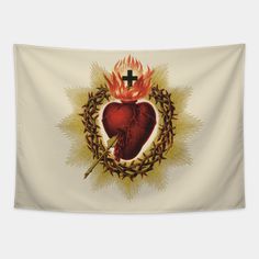 a heart with flames and a cross in the center on a white background wall tapestry