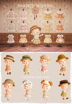 an animated cartoon character set with many different outfits and hats, including children's clothing