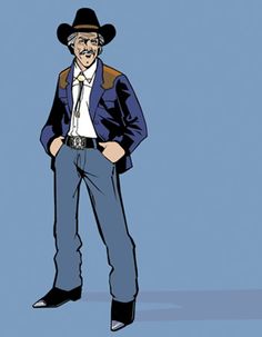 an old man wearing a cowboy hat and blue jeans standing with his hands in his pockets