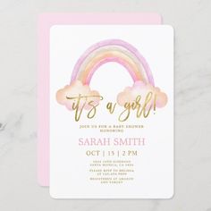 the it's a girl baby shower card is shown with a rainbow and clouds