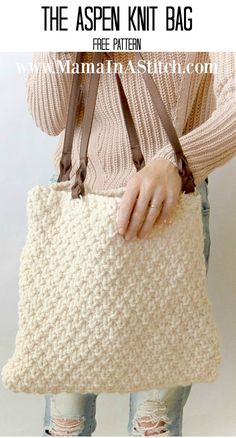 a woman holding a crocheted bag with the text, the aspen knit bag free pattern