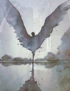 a painting of a bird with its wings spread out and reflecting in the still water