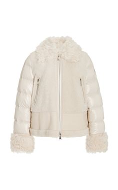 Find MONCLER Gaillands Shearling-trimmed Leather Down Jacket 2 on Editorialist. Named for the popular Monestier-de-Clermont ski resort in the French Alps; Moncler is a leader in apres-ski wear that utilizes its mountaineering expertise to craft designs that fuse fashion and function. The 'Gaillands' down jacket is crafted from lambskin adorned with a luxurious shearling trim at the front; collar and cuffs. It's designed for women who appreciate the finer things in life. White Shearling Outerwear With Faux Fur Trim, Luxury Winter White Outerwear With Faux Fur Trim, Apres Ski Wear, Moncler Jacket Women, Winter Resort, Ladies Coat Design, Resort 2023, Moncler Women, High Fashion Outfits