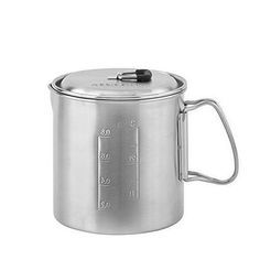 a large stainless steel pot with a handle and measuring tape on the side, isolated against a white background