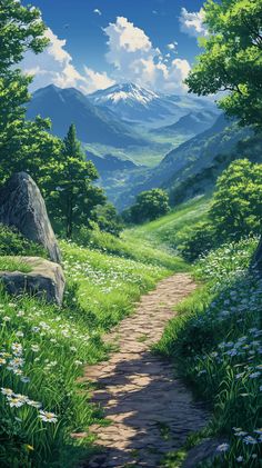 a painting of a path leading to the mountains