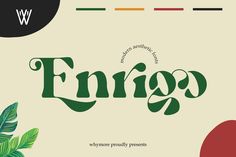 the word enigo is written in green and red with tropical leaves on it's side