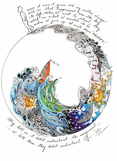 an artistic drawing of a wave with words written on it