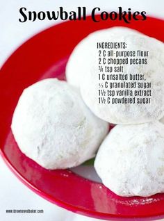 four snowball cookies sitting on top of a red plate with information about the ingredients