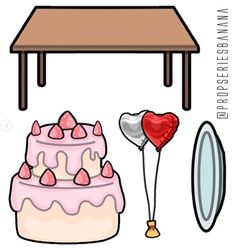 a table with a cake, balloon and mirror