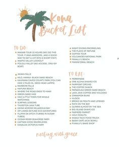 the kona bucket list is shown in orange and white with an image of a palm tree