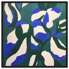 an abstract painting with blue, white and green leaves in the center on a dark green background