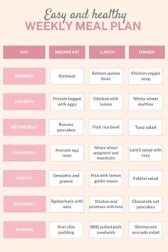 a meal planner with the words easy and healthy weekly meal plan in pink on it