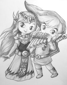 Chibi Link and Zelda Link And Zelda, Gamers Anime, Adult Coloring Designs, Flower Art Drawing, Wind Waker, Chibi Drawings